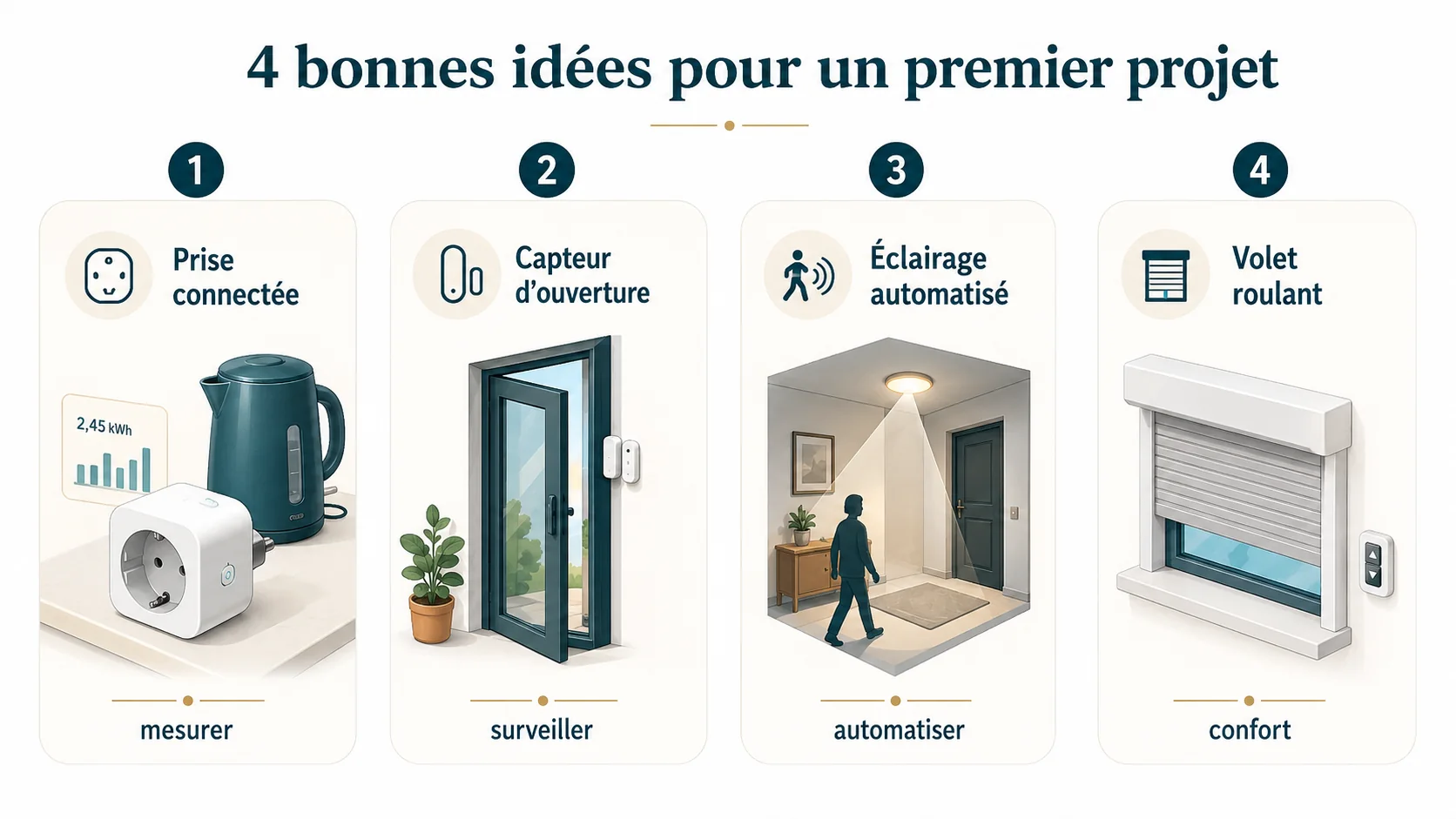 Quatre idées pour débuter en domotique : prise connectée, capteur d’ouverture, éclairage automatisé et volet roulant