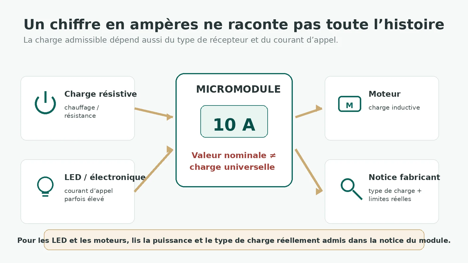 Illustration expliquant que la charge admissible d’un micromodule dépend du type de récepteur et de la notice fabricant